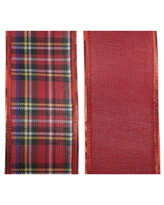 Davies Products Wired Christmas Tartan & Red 'Linen' Ribbon - 2.7m - Pack of 2