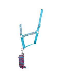 Hy Equestrian Jolly Elves Head and Lead Rope Set - Winter Blue/Festive Red