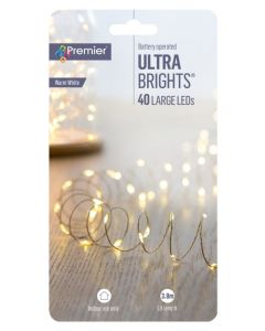 Premier 40 LED Indoor Ultrabrights - Warm White/Silver Wire - Battery Operated