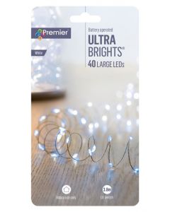 Premier 40 LED Indoor Ultrabrights - White/Silver Wire - Battery Operated