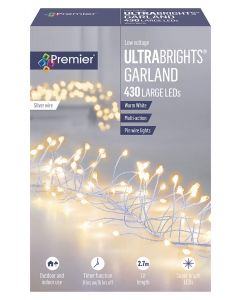 Premier Multi-Action Silver UltraBrights Christmas Lights Garland - Warm White - Silver Wire - 430 Large LED