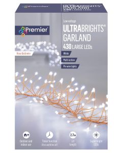 Premier Multi-Action Silver UltraBrights Christmas Lights Garland - Cool White - Rose Gold Wire - 430 Large LED