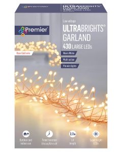 Premier Multi-Action Silver UltraBrights Christmas Lights Garland - Warm White - Rose Gold Wire - 430 Large LED