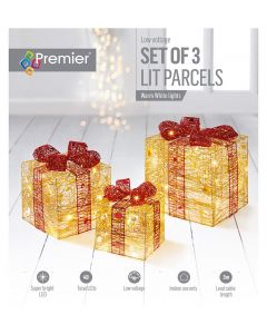 Premier Set of 3 Gold And Red Lit Parcels Christmas Decoration - Warm White