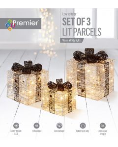 Premier Set of 3 Silver And Black Lit Parcels Christmas Decoration - Warm White