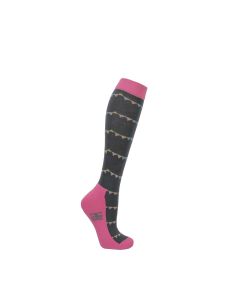 Hy Equestrian Merry Go Round Socks (Pack 3) - Grey/Pink - Adult 4-8