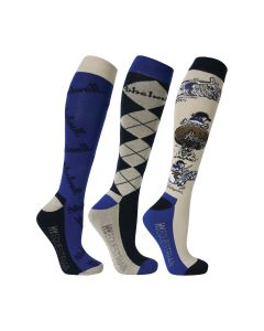 Hy Equestrian Thelwell Collection Jump Socks (Pack of 3) Adult 4-8 - Classic Blue/Taupe/Navy