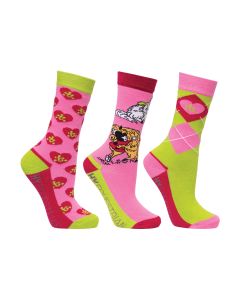 Hy Equestrian Thelwell Collection Hugs Socks (Pack of 3) Child 8-12 - Pink/Lime/Hot Pink
